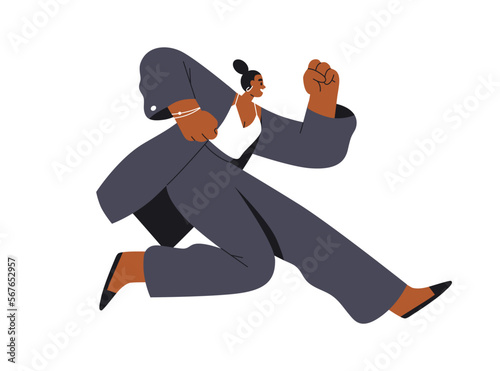 Busy business woman running. Ambitious active businesswoman feminist rushing, aspiring to career promotion, success, hurrying forward. Flat graphic vector illustration isolated on white background
