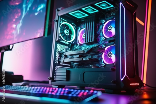 A close-up of a professional gaming setup illuminated by neon lights on a PC. Generative Ai.