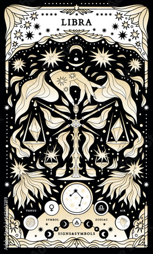 Libra sign of the zodiac. Modern magical astrological map. Magical girl, stars, moon, constellation, hand-drawn signs. Vector illustration