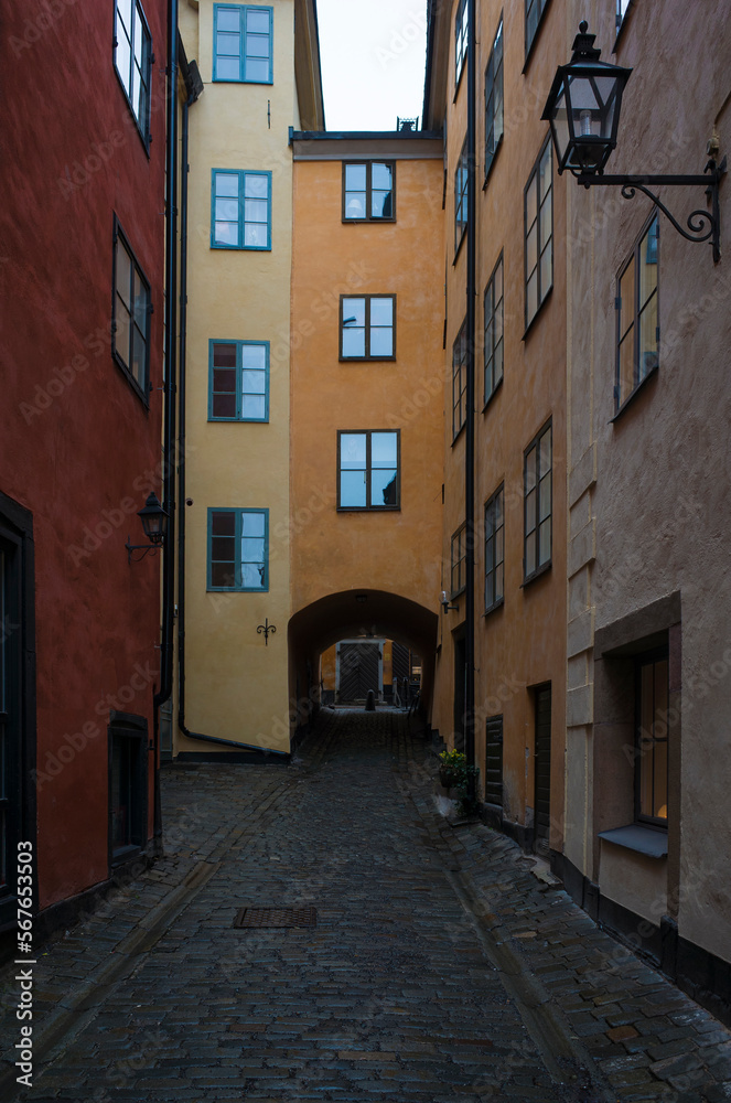 Narrow street in Stockholm old town Gamla Stan, Sweden