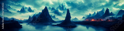 Fantasy landscape painting of ominous mountains, rivers. Dark, dangerous atmosphere. Generative AI