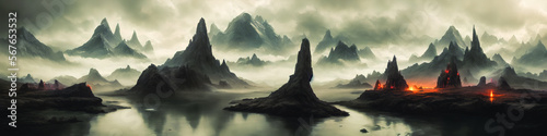 Fantasy landscape painting of ominous mountains, rivers. Dark, dangerous atmosphere. Generative AI © 4K_Heaven