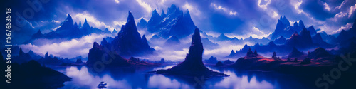 Fantasy landscape painting of ominous mountains, rivers. Dark, dangerous atmosphere. Generative AI