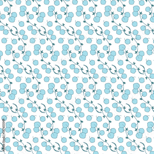 White background with blue cotton and leaves. Decorative seamless pattern for wrapping paper, wallpaper, textile, greeting cards and invitations.
