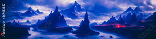 Fantasy landscape painting of ominous mountains  rivers. Dark  dangerous atmosphere. Generative AI