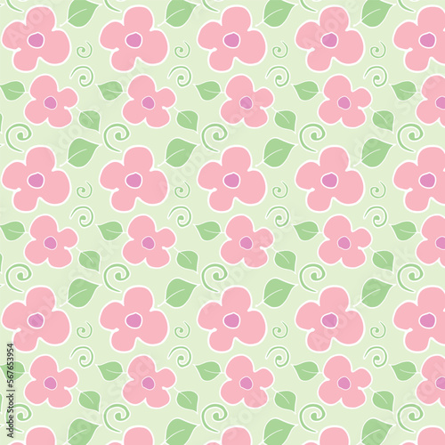 Green background with pink flowers. Decorative seamless pattern for wrapping paper, wallpaper, textile, greeting cards and invitations.