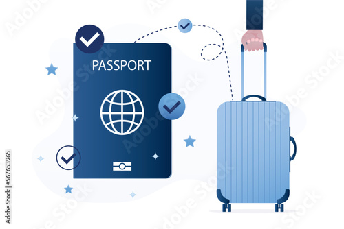 Passport, identity documents. High rank of document, strong passport that is used to travel between countries. Passenger hand holds baggage, vacation. Open borders for part of population.