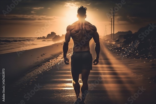 An active man strolls into the sunset on a road. Generative Ai. © Concept Killer