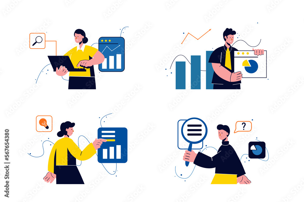 Searching opportunities concept with people four scenes in the flat cartoon style. Different employees are looking for the same opportunities for further work. Searching opportunities concept with people four scenes in the flat cartoon style. Different employees are looking for the same opportunities for further work.