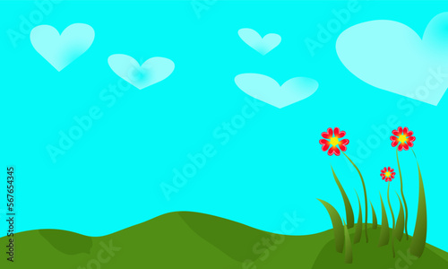 An illustrated postcard with the theme of Valentine s day. Landscape with clouds and flowers in the form of a heart