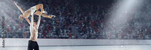 Impressive, graceful show. Young man and woman in beautiful stage costumes, professional figure skaters dancing on ice rink. 3D arena. Concept of sport, achievements, championship, talent. 3D arena