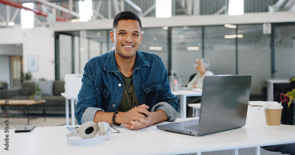 Laptop, office and face of businessman at desk working on computer for business proposal, report and project review. Success, leadership and portrait of entrepreneur online in corporate workplace Laptop, office and face of businessman at desk working on computer for business proposal, report and project review. Success, leadership and portrait of entrepreneur online in corporate workplace