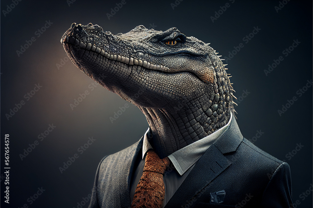 Portrait of a crocodile in a business suit. AI generated.
