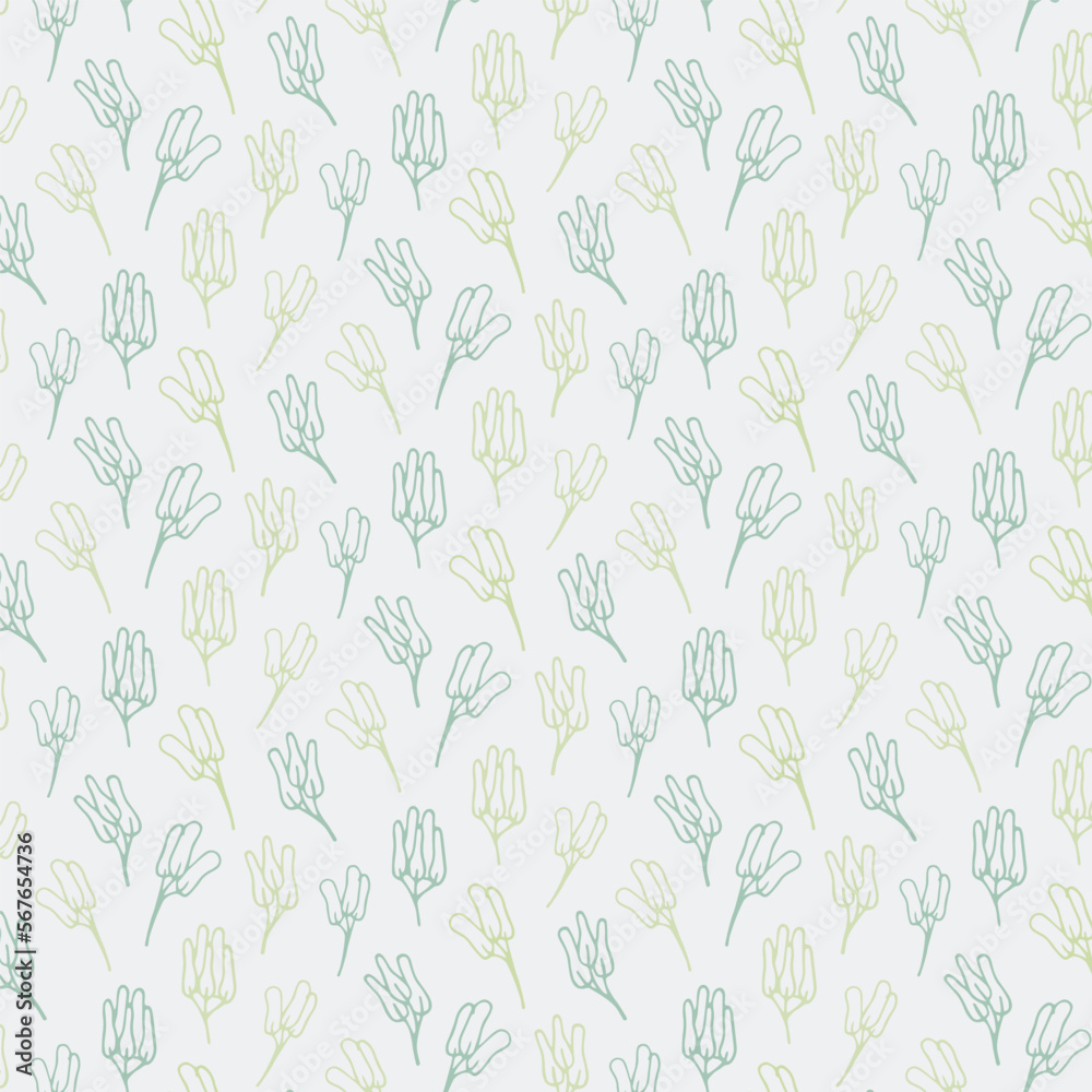Light grey background with green leaves. Decorative seamless pattern for wrapping paper, wallpaper, textile, greeting cards and invitations.