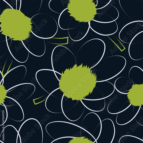 Seamless simple cute pattern of large flowers with white outlines on light navy background.Endless floral ornament with beautiful blossoms.Colourful backdrop for fabric,textile,linen.Raster