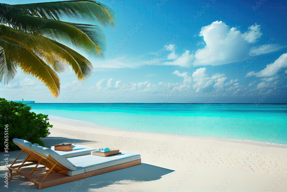 Luxury Hotel on Tropical Coast with White Sand, Beautiful Wild Beach, Palm Trees, Sun, Sea, Generative AI Illustration