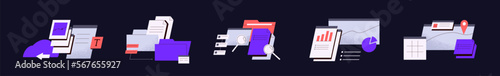 Data transfer concept set. Information storage in web files, folders. Electronic business documents workflow. Digital archives, store service, technologies. Isolated flat vector illustrations