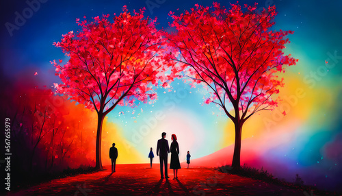 Loving couple travels the world in colorful, lush landscape. Vibrant trees, scenic journey. Generative AI
