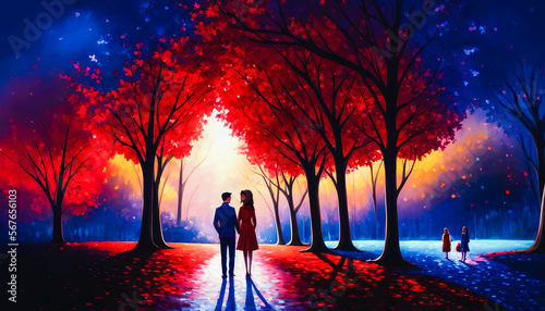 Loving couple travels the world in colorful, lush landscape. Vibrant trees, scenic journey. Generative AI © 4K_Heaven