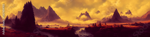 A panoramic painting depicts a dangerous and ominous landscape of mountains and rivers. Dark and foreboding, the artwork captures a haunting atmosphere. Generative AI © 4K_Heaven