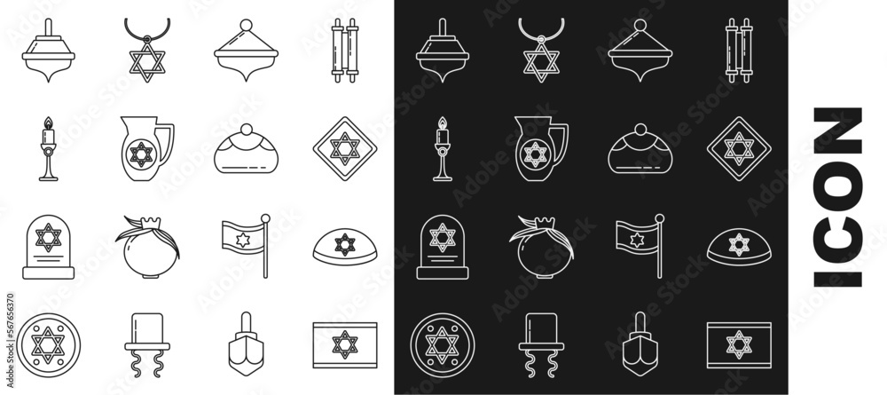 Set line Flag of Israel, Jewish kippah with star david, Star David, Hanukkah dreidel, Decanter, Burning candle in candlestick, and sweet bakery icon. Vector Set line Flag of Israel, Jewish kippah with star david, Star David, Hanukkah dreidel, Decanter, Burning candle in candlestick, and sweet bakery icon. Vector