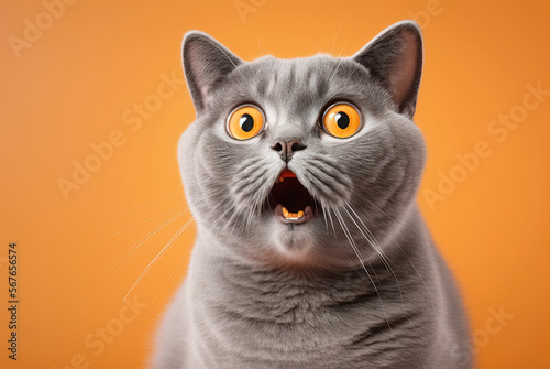 angry british shorthair cat making funny face with mouth open, Stock image