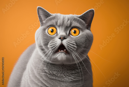 Funny british shorthair cat portrait looking shocked or surprised on orange background. Generative AI.