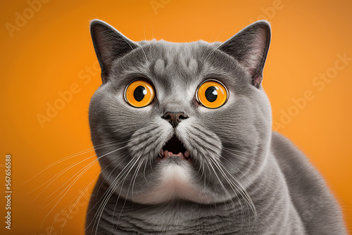 Funny british shorthair cat portrait looking shocked or surprised on orange background. Generative AI.