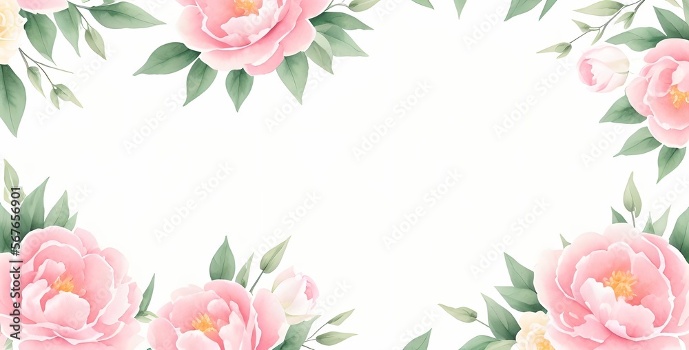 Watercolor floral frame border, pink flowers, wedding invitation card, romantic events, floral wallpaper, made with generative ai