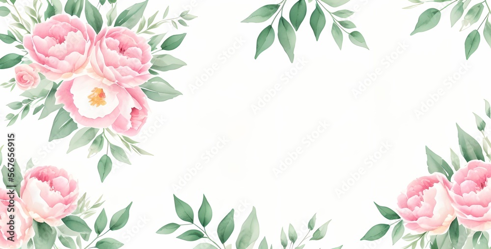 Watercolor floral frame border, pink flower design, wedding invitations, invitaiton card, floral wallpaper, made with generative ai