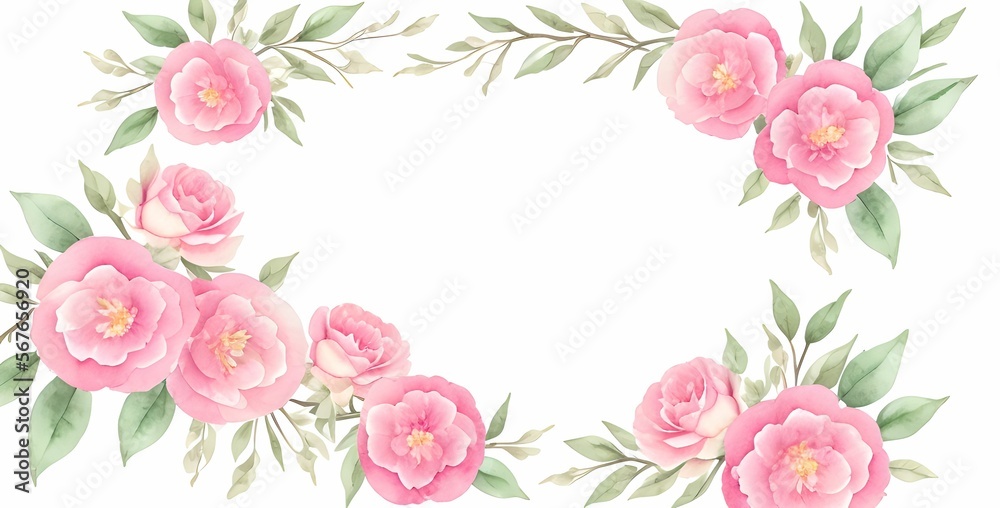 watercolor pink flower border with leaves and branches, Floral wedding invitation, floral frame border, made with generative ai