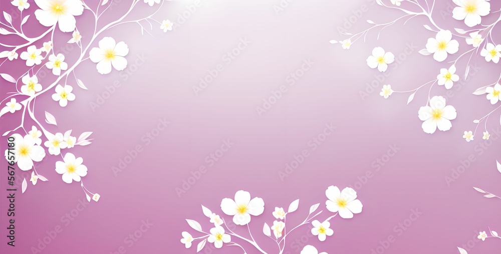 A pink background with white flowers and leaves on it, postcard, wide wallpaper design, made with generative ai