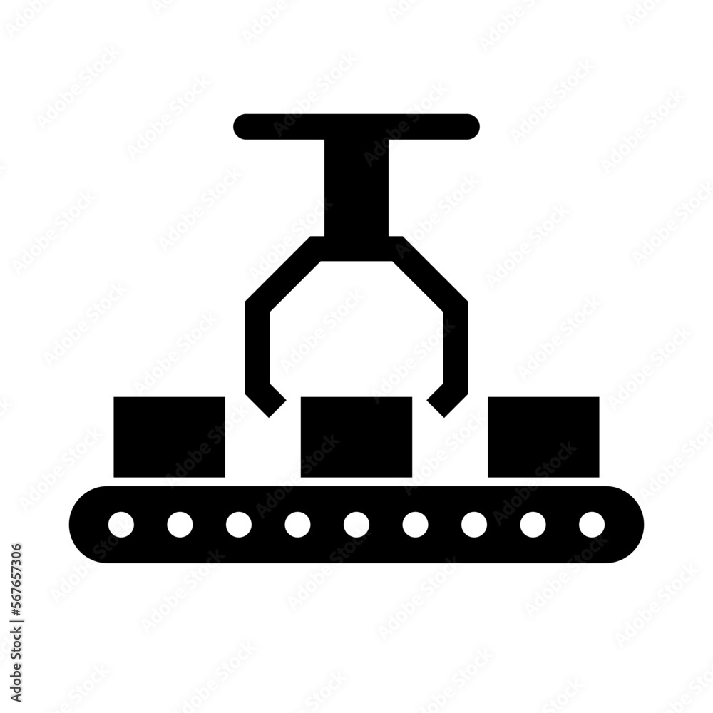 Obraz premium Manufacturing work automation silhouette icon. Industrial machinery. Robot arm. Vector.