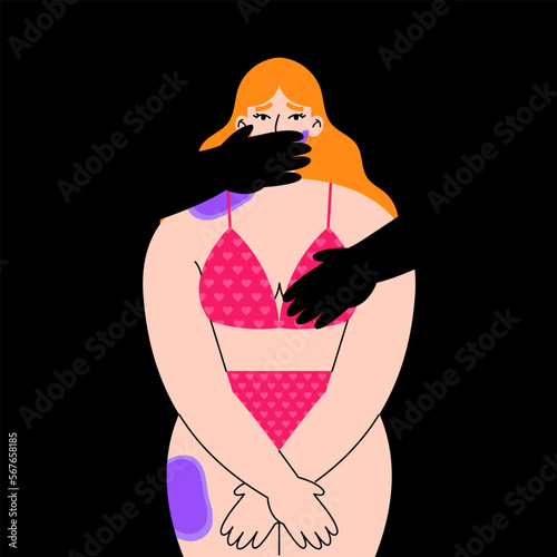 Scared young woman with bruises in underwear on black background. Concept of sexual violence or abuse, aggression against woman. Flat vector illustration.