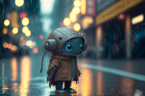 Little robot playing in a futuristic city, steam punk, mecanic, cute robot. Generative AI