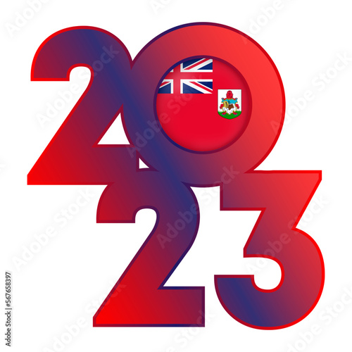 Happy New Year 2023 banner with Bermuda flag inside. Vector illustration.