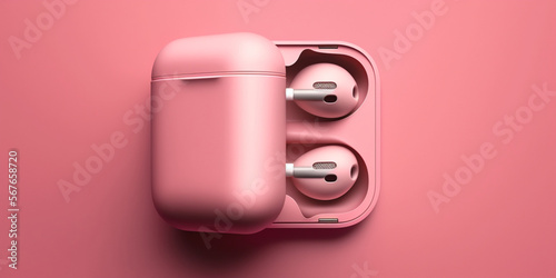 Pink airpod on pink background AI Generative photo