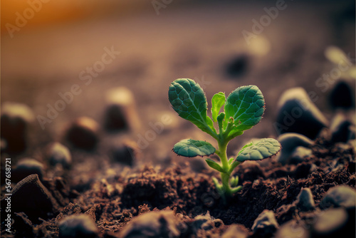 Small green sprout in the ground. Growth and development concept 