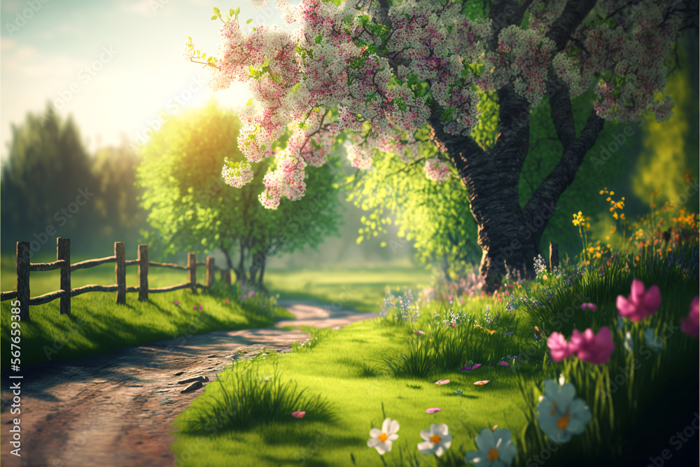 Blooming meadow and spring flowers.Spring concept