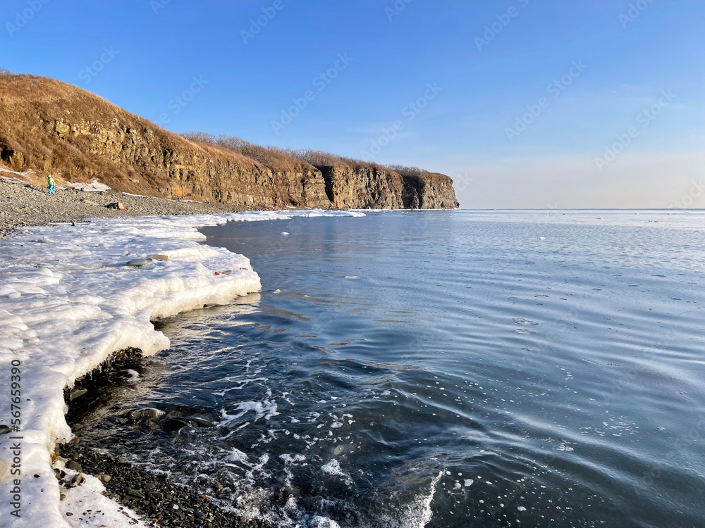 Fototapeta premium View of Cape Vyatlina on Russkiy Island in Vladivostok in winter. Russia