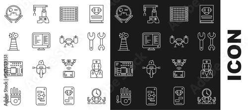 Set line Robot and digital time manager, doctor, Spanner, Printed circuit board PCB, Computer monitor screen, Antenna, vacuum cleaner and Drone flying with action camera icon. Vector