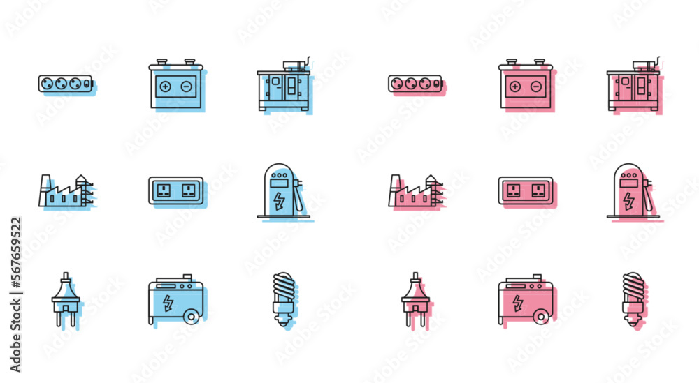 Set line Electric plug, Portable power electric generator, extension cord, LED light bulb, Electrical outlet, car charging station, Power plant and factory and Car battery icon. Vector
