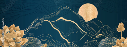 Elegant prestigious night background with lotus flowers against the background of the mountains and the moon. The design is made for oriental motif with gold and blue colors.