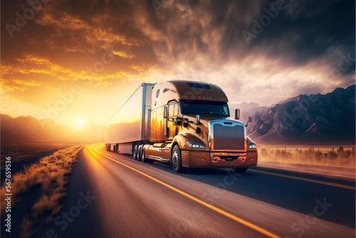 The truck is driving on the highway against the backdrop of sunset. Cargo transportation concept © xartproduction