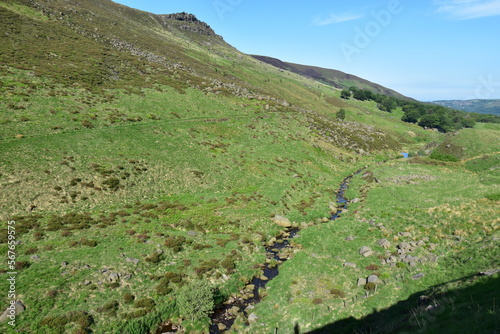 Hiking in the green countryside with a blue sky background and no people. 