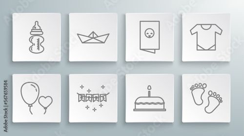 Set line Balloons in form of heart, Folded paper boat, Carnival garland with flags, Cake burning candles, Baby footprints, shower invitations card, poster, onesie and bottle icon. Vector