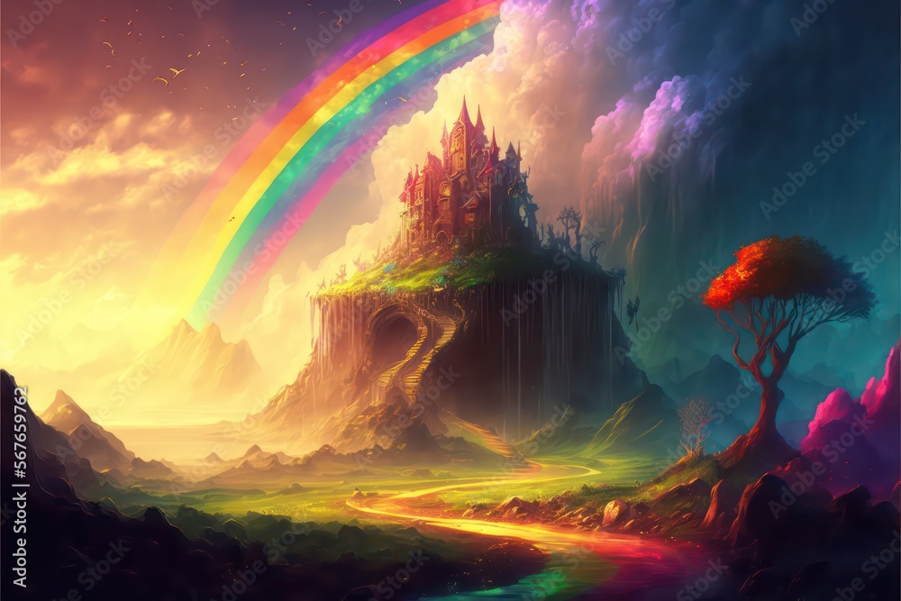 Beautiful castle house with rainbow colourful theme illustration. Digital art style. Generative AI. Fantasy Palace on the mountain.