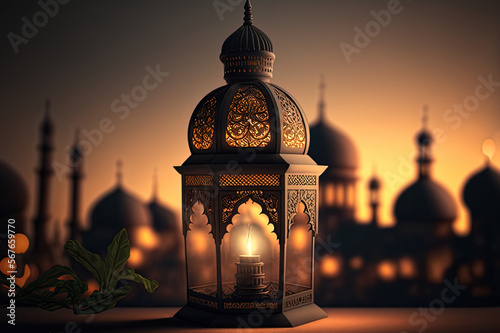 Ramadan Lantern with Colorful Light Glowing at Night and Glittering with Bokeh Lights on Ground ramdan, ramzan, eid, culture, arab, lamp, Generative Ai