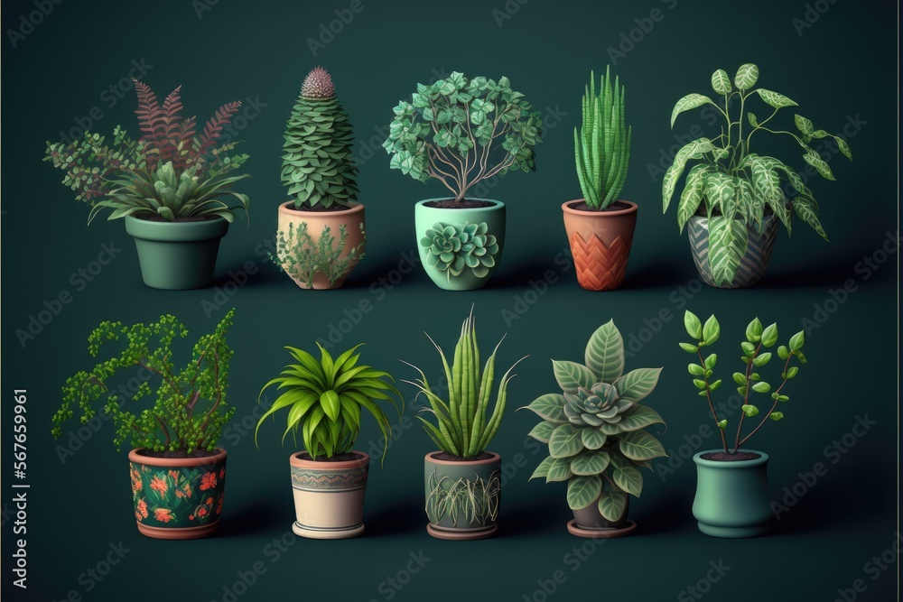 Various types of house plants clay pots on color background. Generative AI