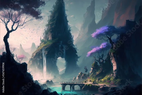 Mountain with waterfalls in fantasy theme. Beautiful digital art illustration. Generative AI. © SaraY Studio 